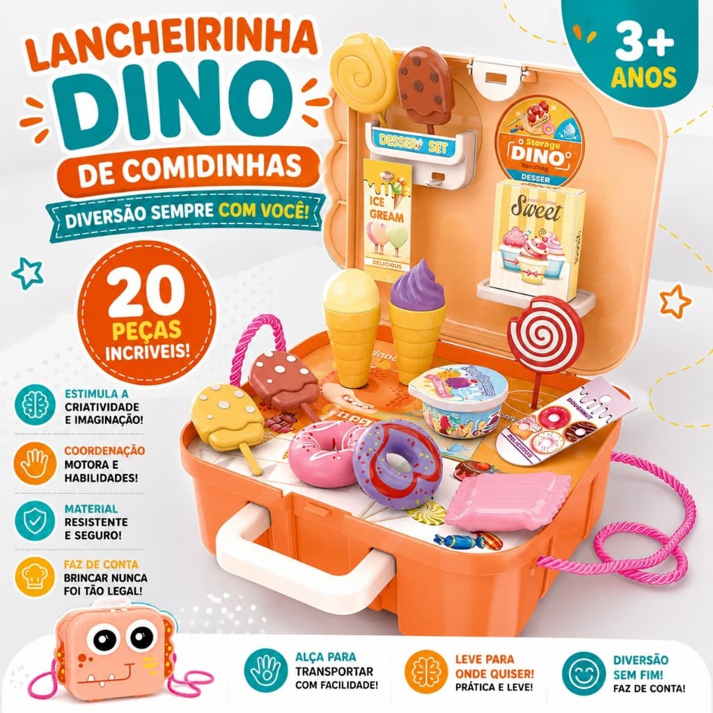 Kit Lancheirinha Infantil Faz de Conta 20 Peças Mochila Dinossauro Menino Menina
