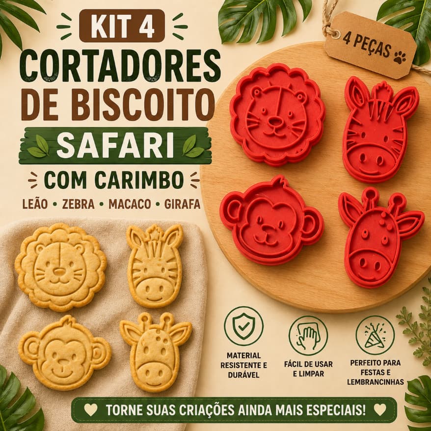 Kit 4 Cortadores de Biscoito Safari com Carimbo – Leão, Zebra, Macaco e Girafa