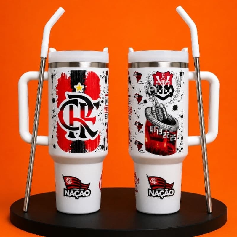 Copo Garrafa Térmica 1200ml com tampa canudo Personalizado Flamengo