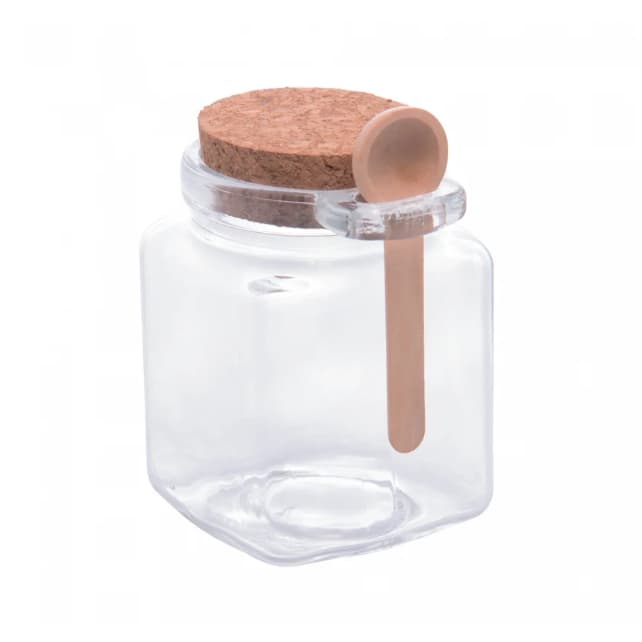 POTE QUADRADO COM COLHER DE BAMBU E TAMPA DE CORTICA 300ML VIDRO