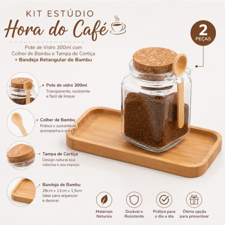 Kit Studio Elegante Hora do Café Lyor Pote Açucareiro + Bandeja de Bambu