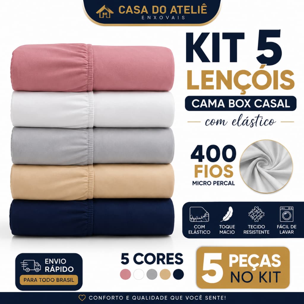 Kit 5 Lençóis Cama Box Casal com Elástico 400 Fios Micro Percal 100% Poliéster