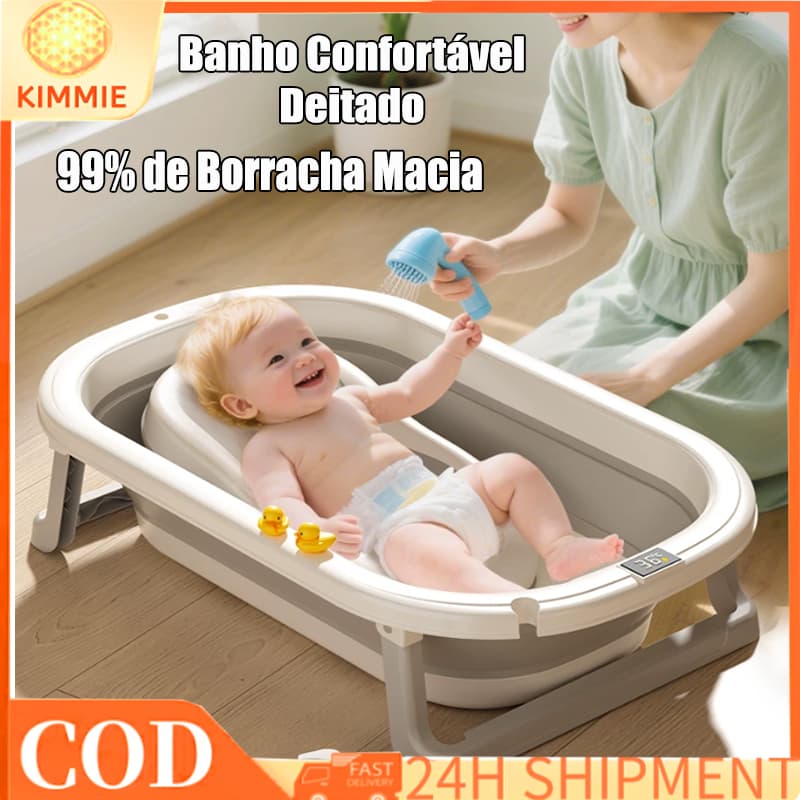 Banheira Infantil Dobrável Encosto Macio Proteção Coluna Recém-Nascido A 9 Anos Termômetro Tela À Prova Água Dobra Suspe