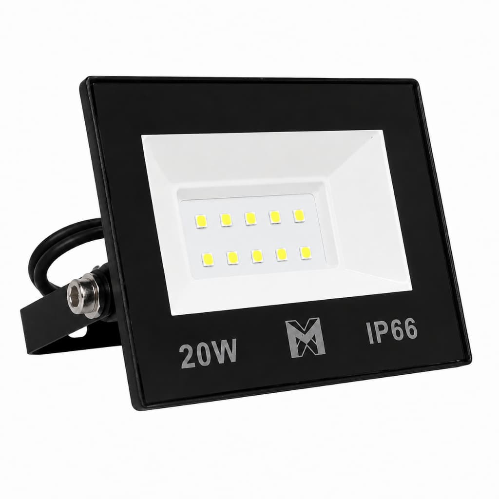 Refletor LED 20W Slim IP66 Bivolt Branco Frio 6500K Alumínio Preto Área Externa Maxxy Led