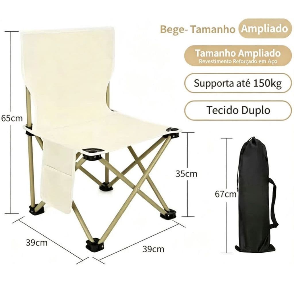 Cadeira Dobrável Camping Reforçada Suporta 150kg Portátil com Bolsa