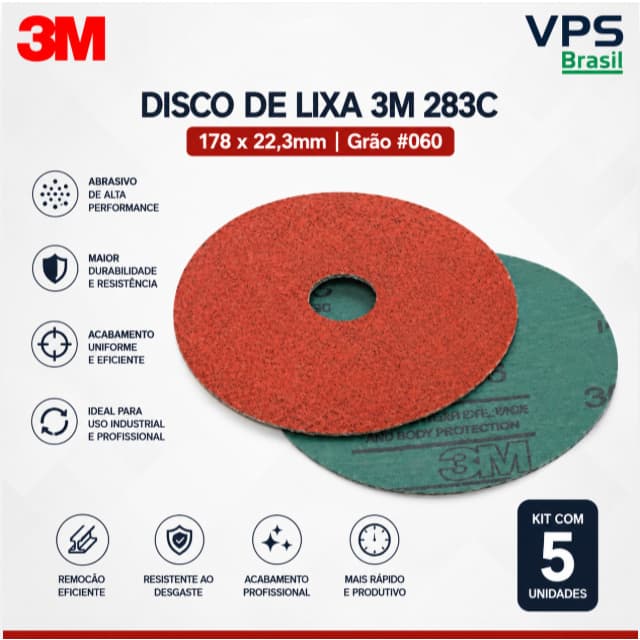 Kit 5 Discos de Lixa 3M 283C 178x22,3mm Grão 60 – Disco Abrasivo para Lixadeira e Desbaste Profissional