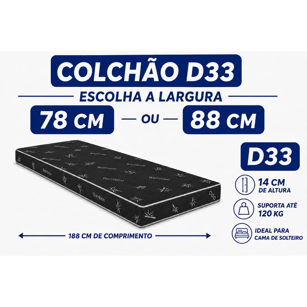 Colchão Solteiro Espuma D33 14cm – 188x78 ou 188x88 – Firme e Confortável