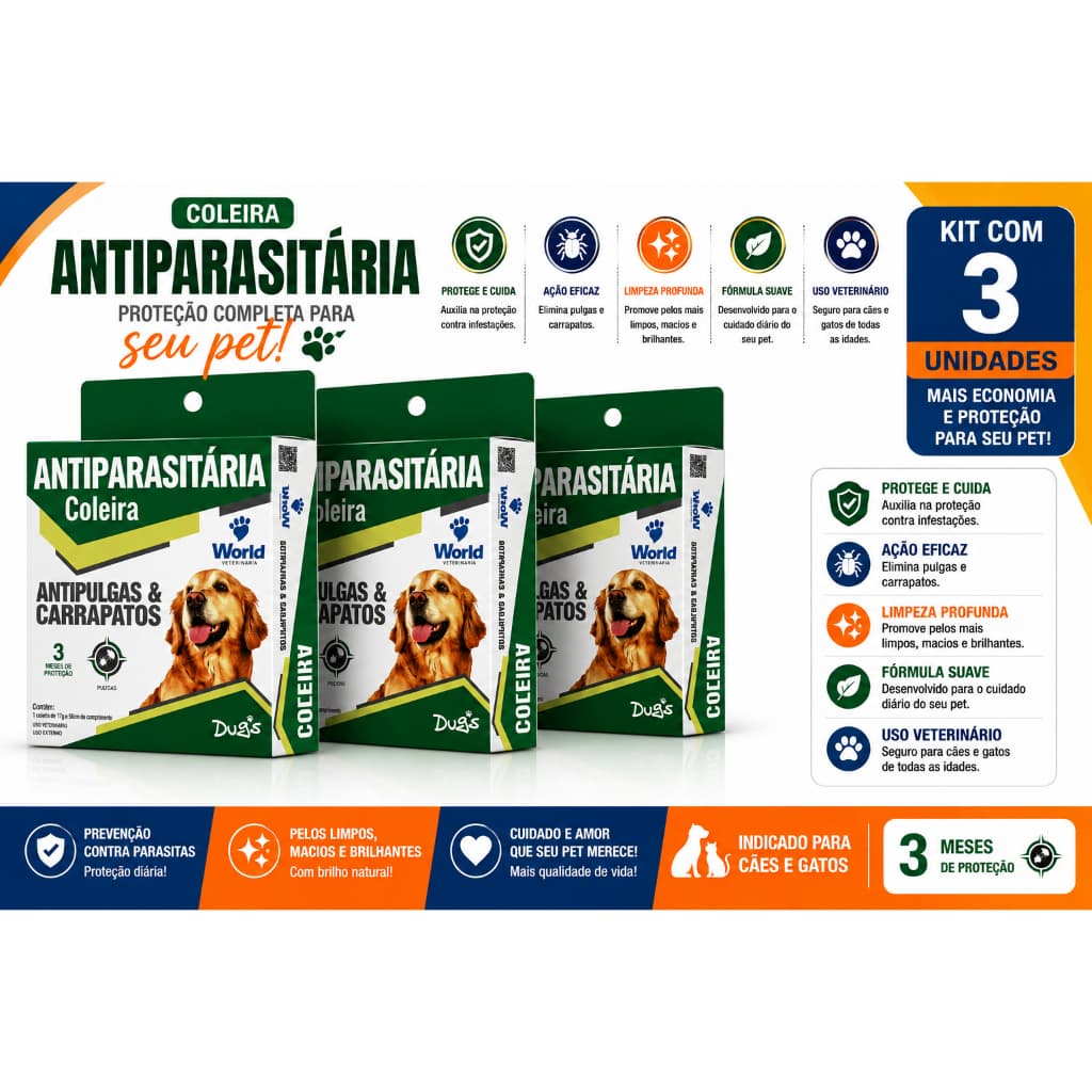 Kit 3 Coleiras Dugs Antipulgas e Carrapatos p/Cães 17g c/ 56cm- World Veterinária