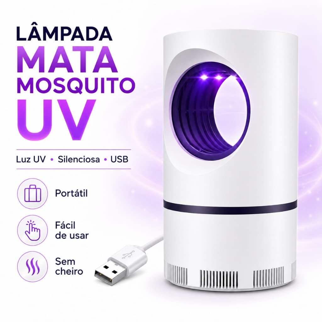 Lâmpada Mata Mosquito UV Roxa com Sucção Mini Compacta Portátil USB