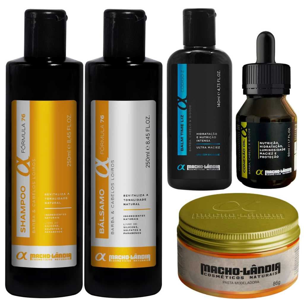 Kit Masculino Completo Macho-Lândia Cabelo e Barba Loiros Shampoo Balm Óleo Bálsamo  Pomada Fix Efeito Brilho Hidratação