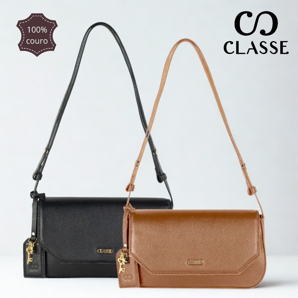 Bolsa Feminina Classe Couro Legitimo Transversal Transversal Tiracolo Pequena Bag Preto Marrom