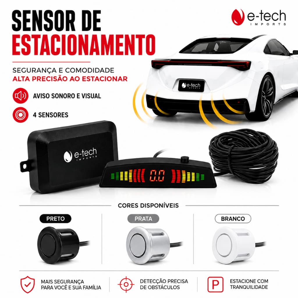 Kit Sensor de Estacionamento Ré 4 Pontos com Display LED Preto Prata Branco sinal sonoro beep