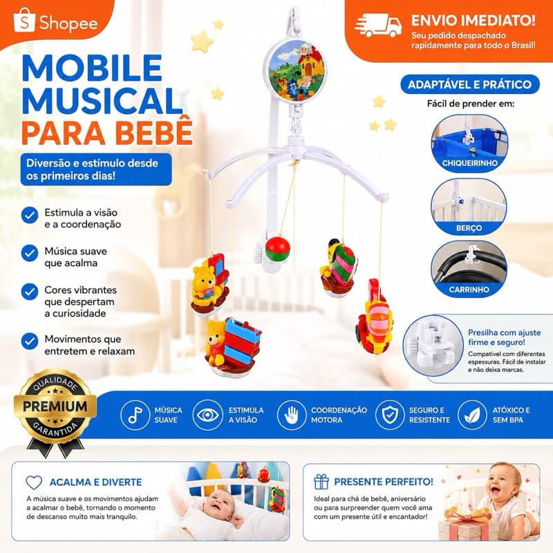 Móbile musical baby, móbile para bebê, brinquedo para bebê
