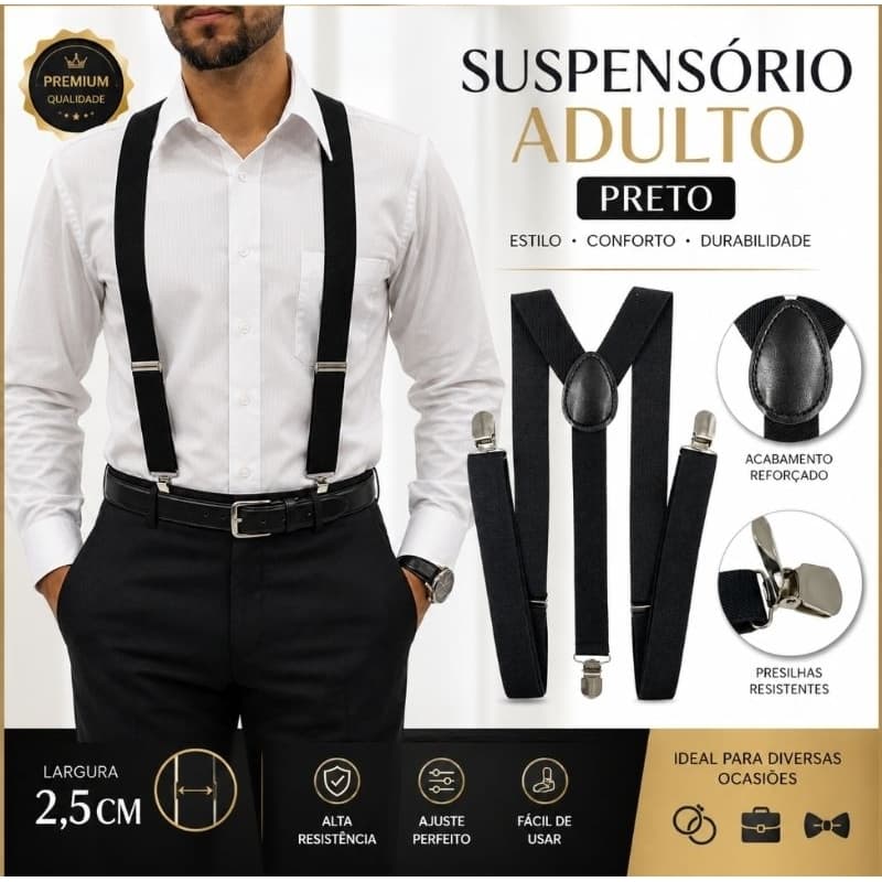Suspensório Preto Adulto Masculino Social 2,5cm Ajustável Elegante – Ideal Para Terno, Casamento, Eventos e Uso Diário