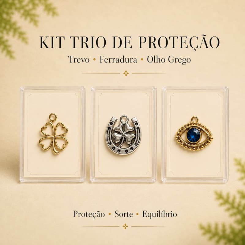 Kit Trio Proteção Energética com Trevo da Sorte + Ferradura + Olho Grego | Amuletos de Proteção e Prosperidade