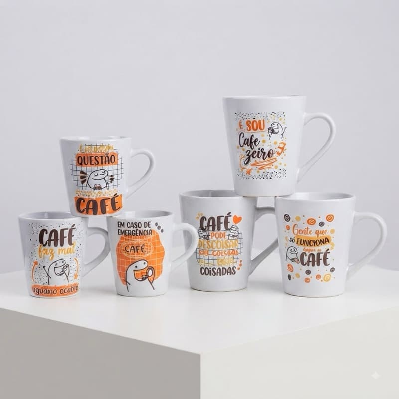 Kit 3 Caneca 290ml 3 xícara 120ml Cafe Meme Porcelana Personalizada Presente Elegante Desing Sofisticado