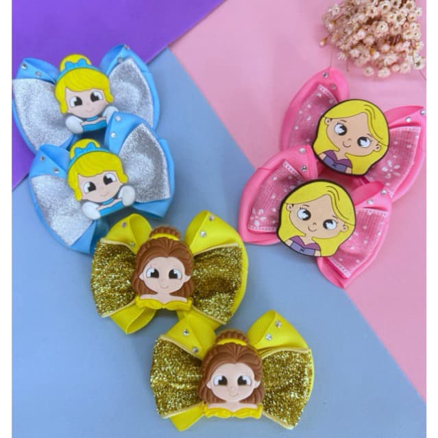 Laços Infantis Princesas Disney | Acessórios de Cabelo Menina | Ariel, Bela, Rapunzel e Cinderela | Parzinho de Laços