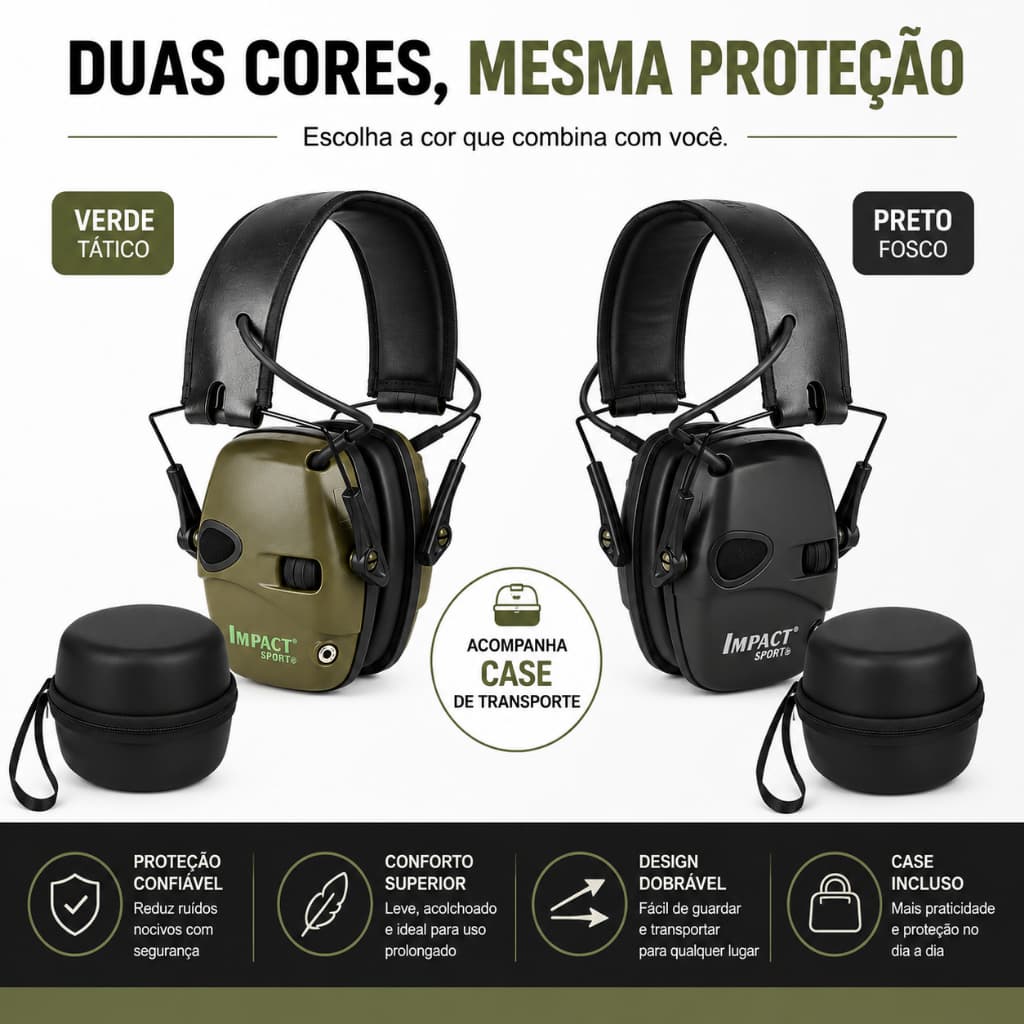 Abafador Protetor Auricular com Case Tiro Esportivo Dobrável Impact Sport