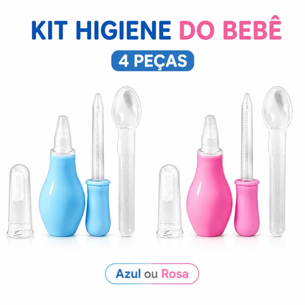 Kit Higiene do Bebê 4 em 1 Aspirador Nasal Conta-Gotas Colher Silicone Escova