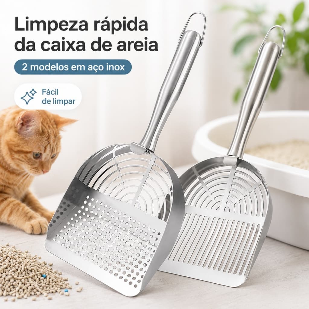 Pá para Areia de Gato em Aço Inoxidável 201 com Cabo Longo | Peneira Higiênica para Caixa de Areia