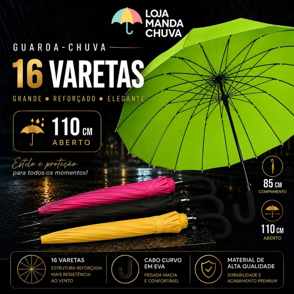 Guarda Chuva Grande 16 Varetas Reforçado Cabo Curvo EVA Resistente Adulto Masculino Feminino Cores