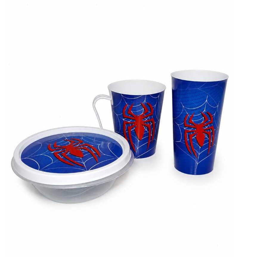 Kit Primeira Refeição Infantil Tema Super Heróis Prato Copo 350ml Colher Plástico