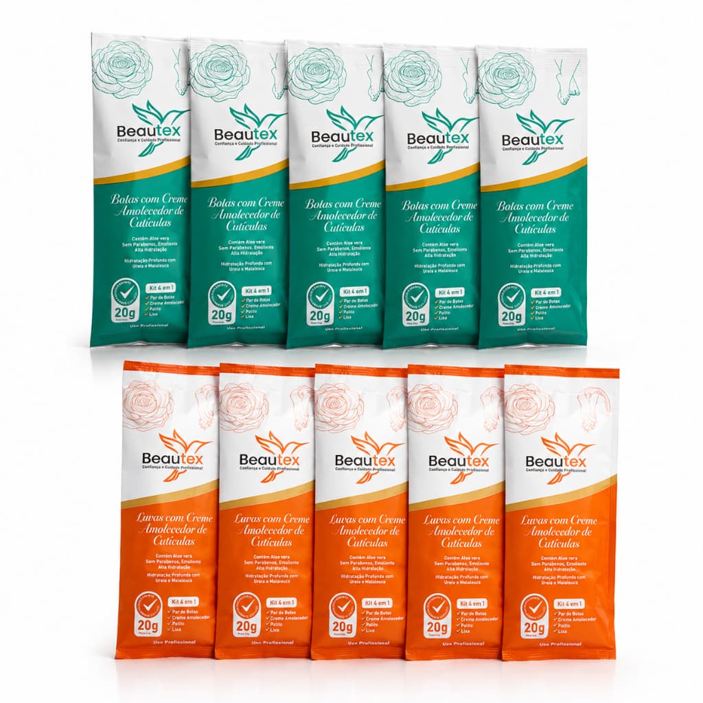 Beautex Kit 10 Luvas Botas Emolientes 4 em 1 Creme Lixa Palito Manicure Pedicure