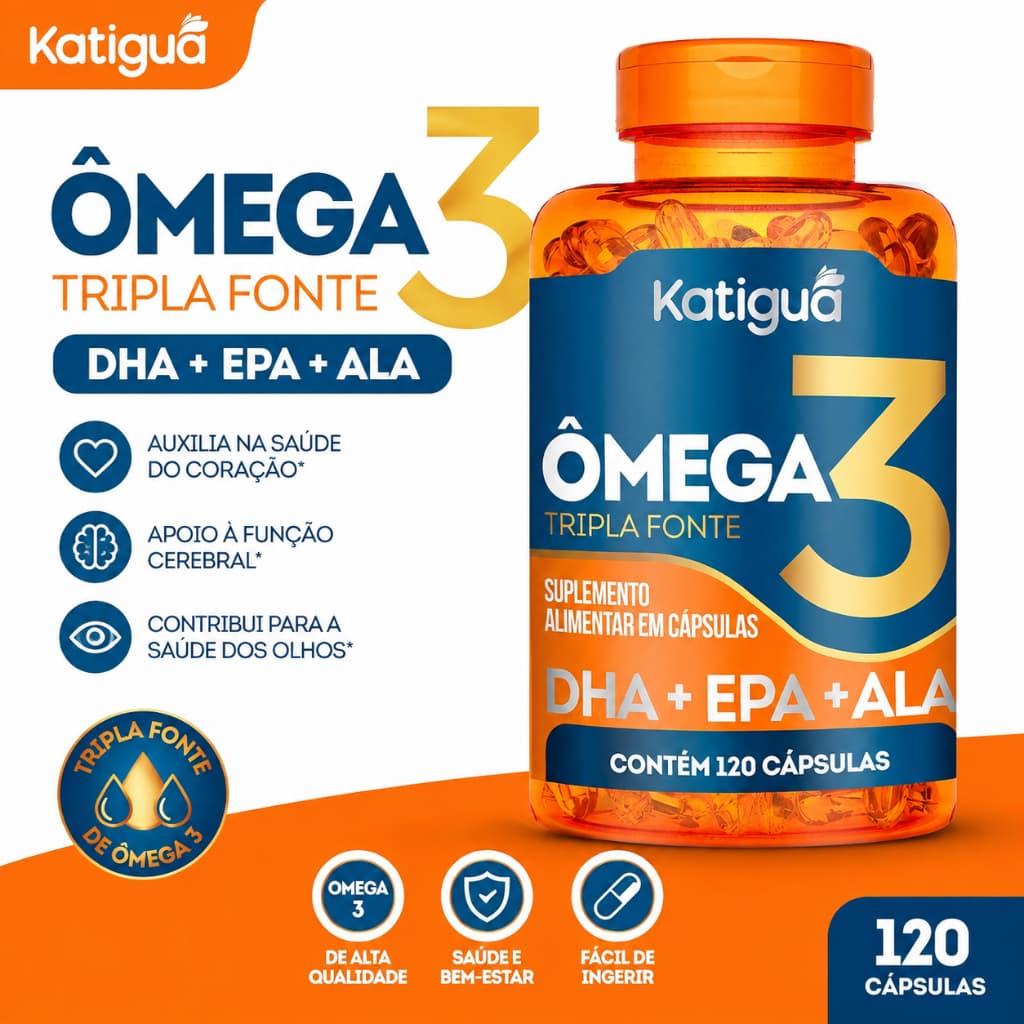 Ômega 3 Katiguá 120 Cápsulas EPA DHA ALA Óleo de Peixe Original Suplemento para Coração Cérebro e Articulaço