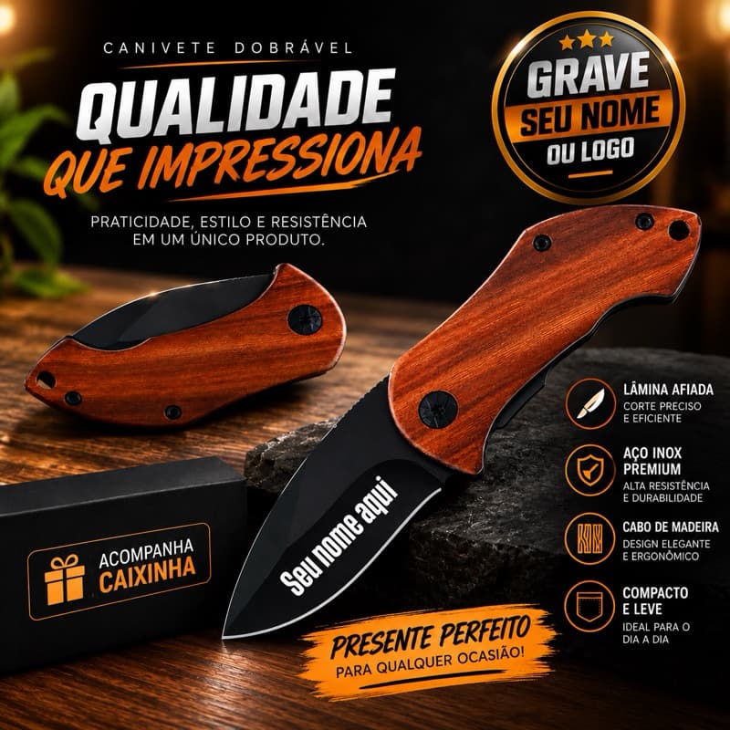 Canivete Pequeno Tático de Bolso com Trava de Segurança com Nome Personalizado