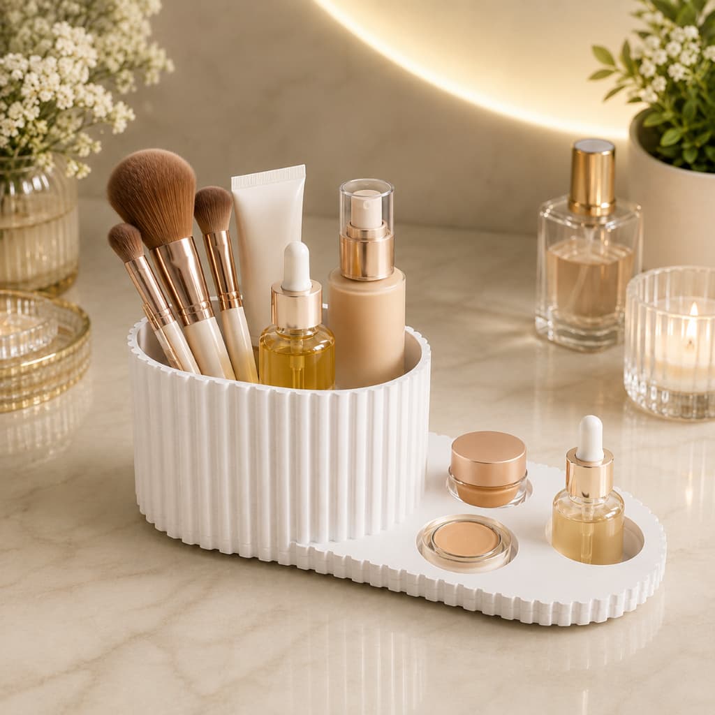 Suporte Organizador Skincare Maquiagem Porta Cosmeticos Perfume Canelado Minimalista Mesa Casa Bancada Banheiro Bandeja