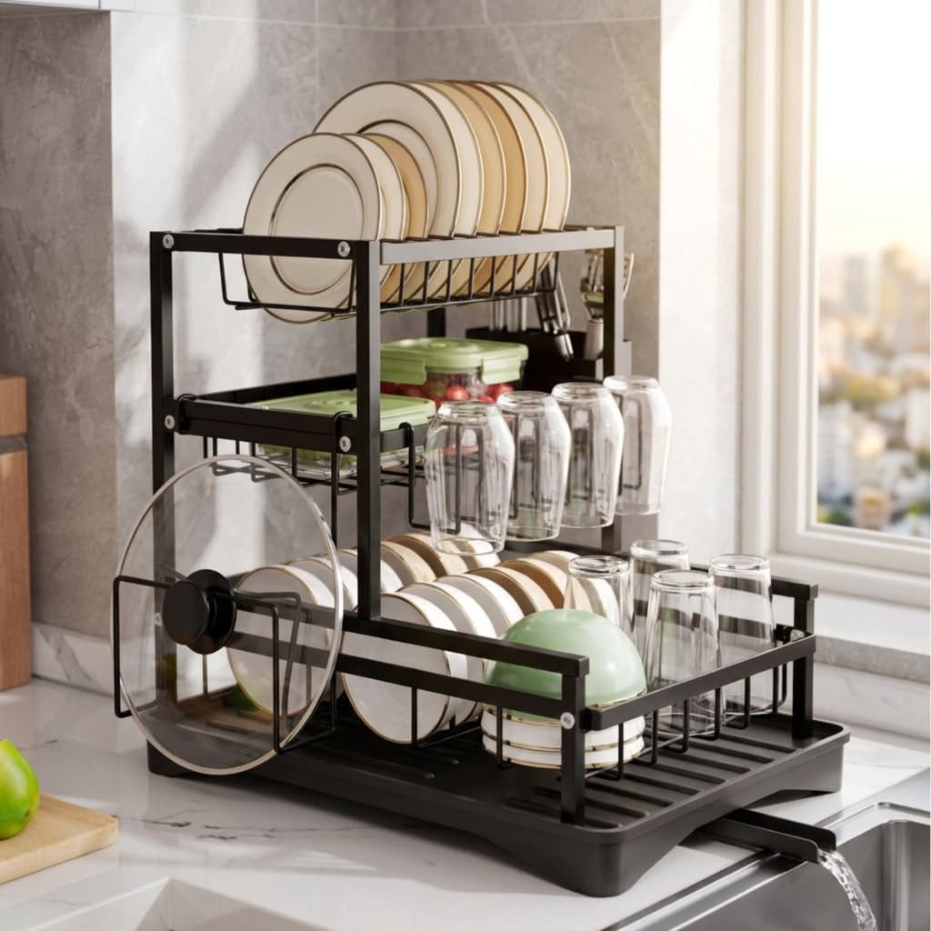Escorredor de Louças 3 Andares com Porta-talheres e Suporte para Tábua - Aço Inox Prateado Organizador de Cozinha