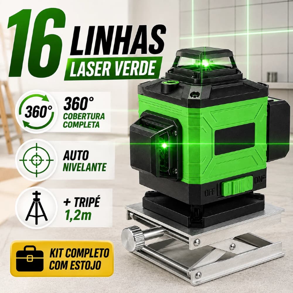 Nível Laser 12/16 Linhas Verde Profissional - Recarregável Autonivelante 360° com Controle Remoto 3D/4D