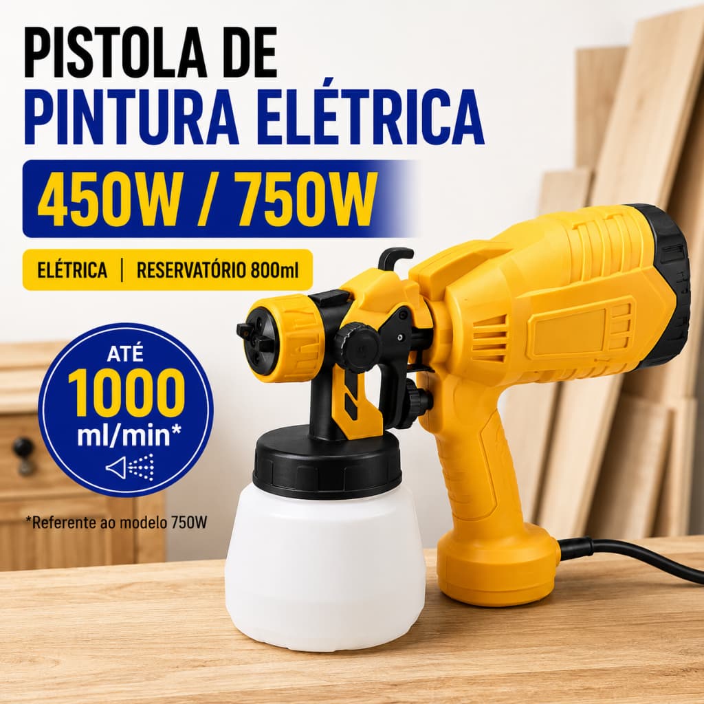 Pistola de Pintura Elétrica Pulverizador 450W/750W com Reservatório 800ml Alto Fluxo para Móveis Madeira Portas DIY