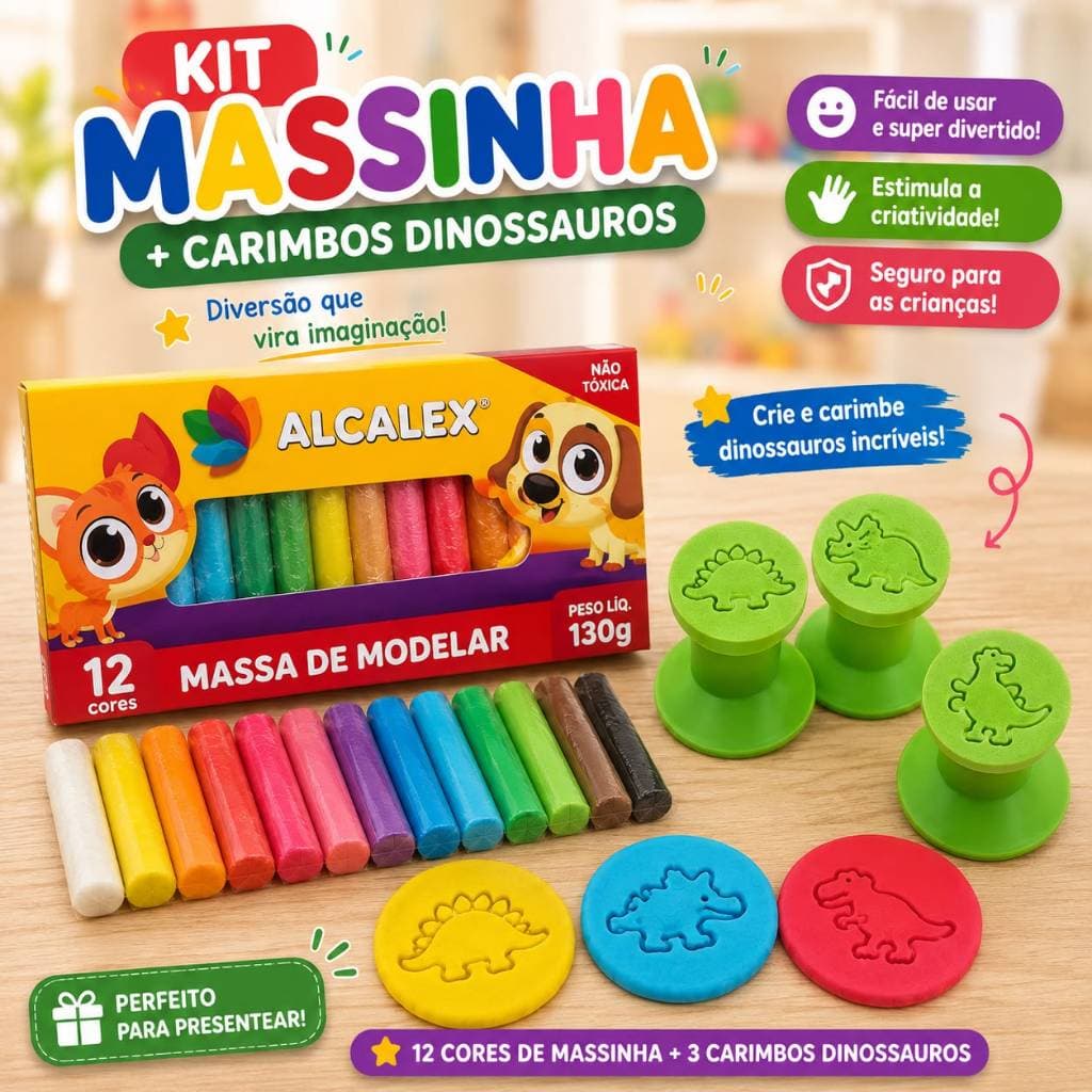 Massinha de Modelar 12 Cores + 3 Carimbos Dinossauros Infantil Criativo