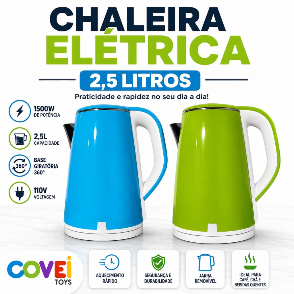 Chaleira Elétrica Jarra 2,5 Litros 110V Com Aquecimento Rápido 1500W Base Giratória 360° Café Chá