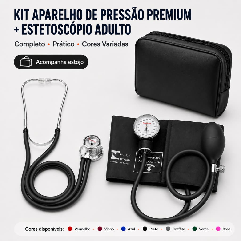 Kit Aparelho de Pressão + Estetoscópio Premium Adulto Profissional INMETRO Cores Variadas