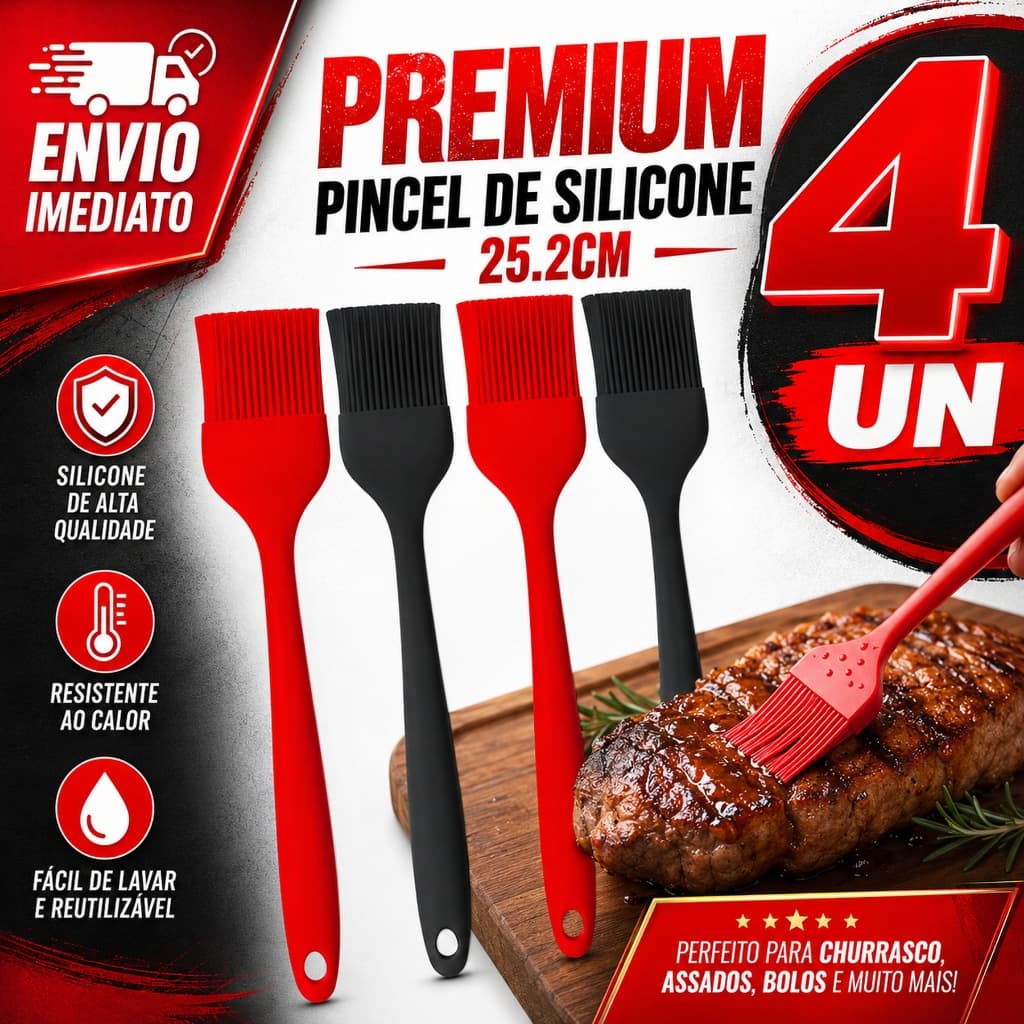 Kit 4 Pincel de Silicone Culinário 25,2cm para Cozinha Churrasco Assados Bolos Confeitaria