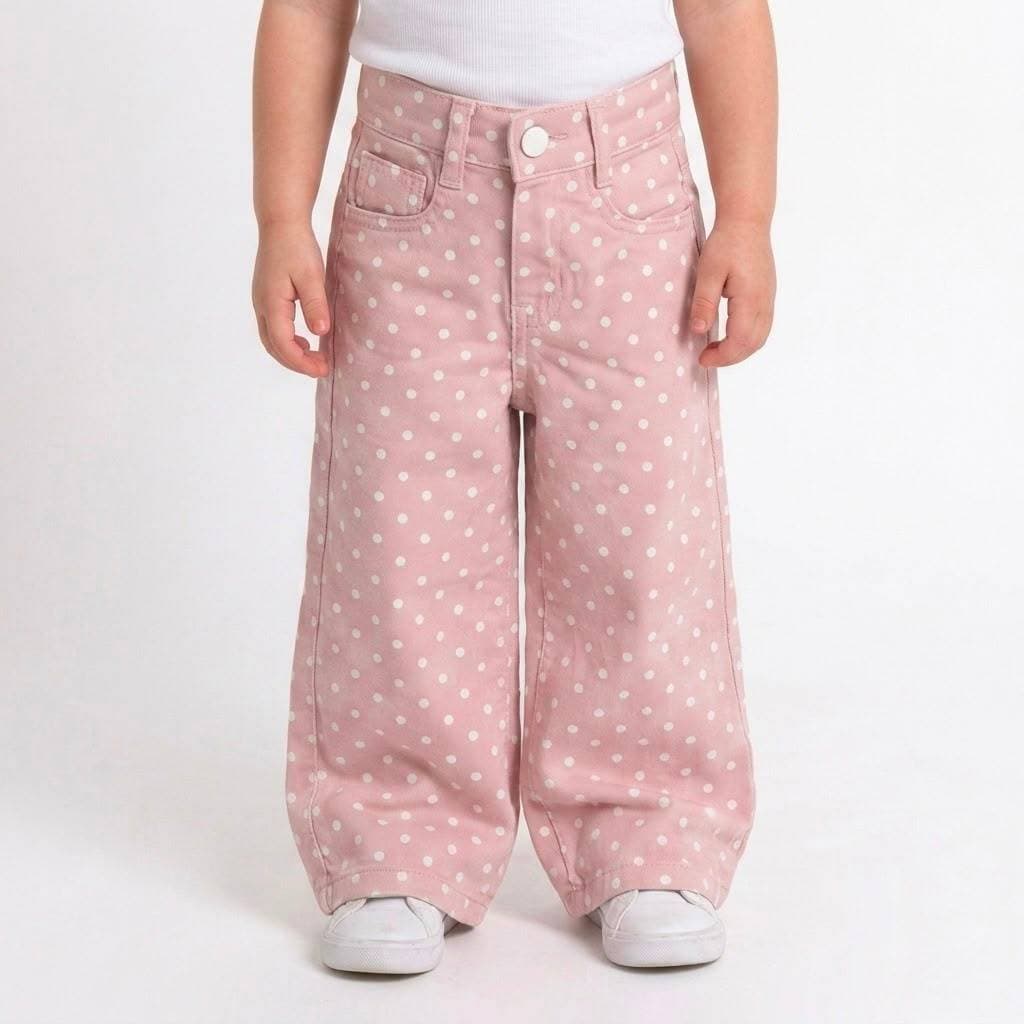 Calça Wide Leg Infantil Menina Sarja Rosa Poá Bolinhas Brancas 1 ao 3 Anos
