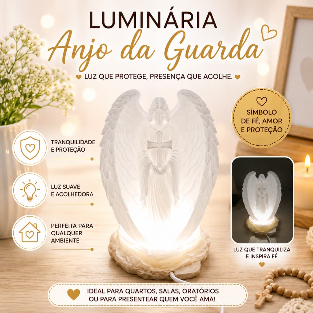 Luminária Anjo da Guarda LED Abajur Luz Suave Decoração Religiosa Santo Anjo Presente