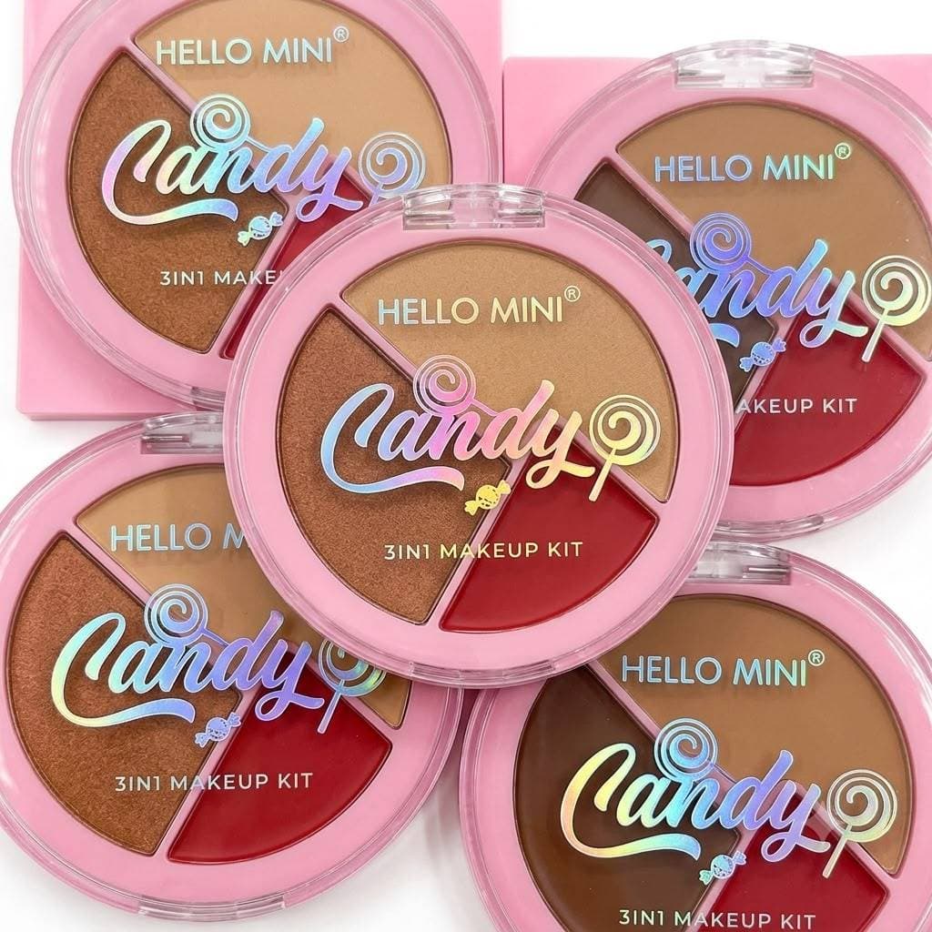 Paleta 3 em 1 Hello Mini Candy Contorno Blush Iluminador Facial Maquiagem Profissional