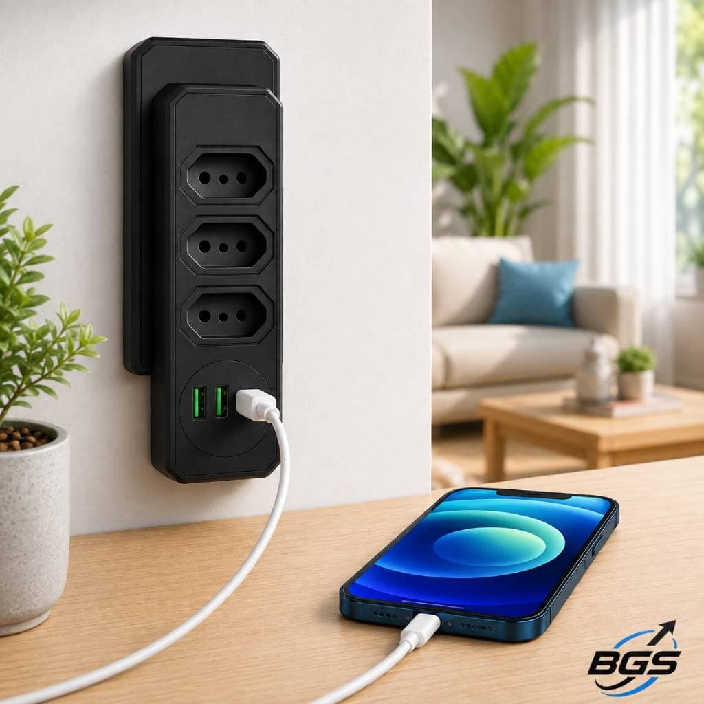 Adaptador Benjamin Tomada 6 em 1 Bivolt 3 Tomadas + 2 USB + USB-C Filtro de Linha Extensão Inteligente 10A