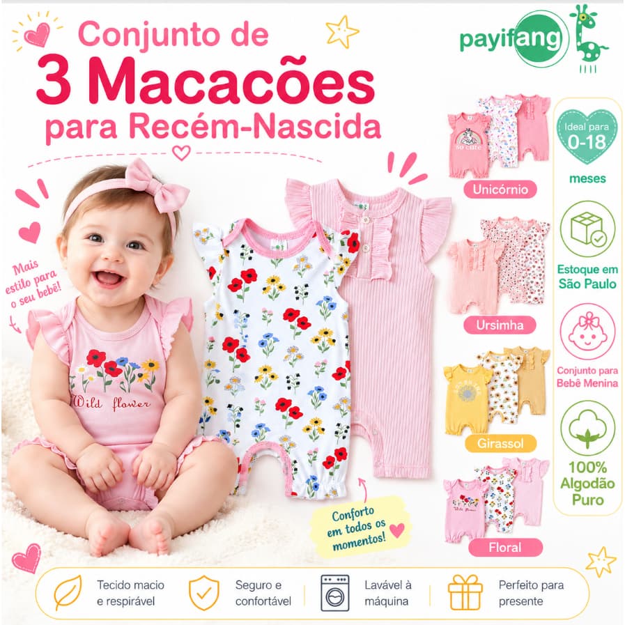 Kit 3 Macacões Recém-Nascido Menina Payifang 100% Algodão 0-18 Meses Estampa Flor Unicórnio Urso Girassol Macacão Curto