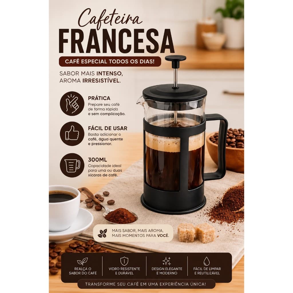 Cafeteira Prensa Francesa 300ml/600ml  Cozinha Compacta Elegante Fácil de Usar