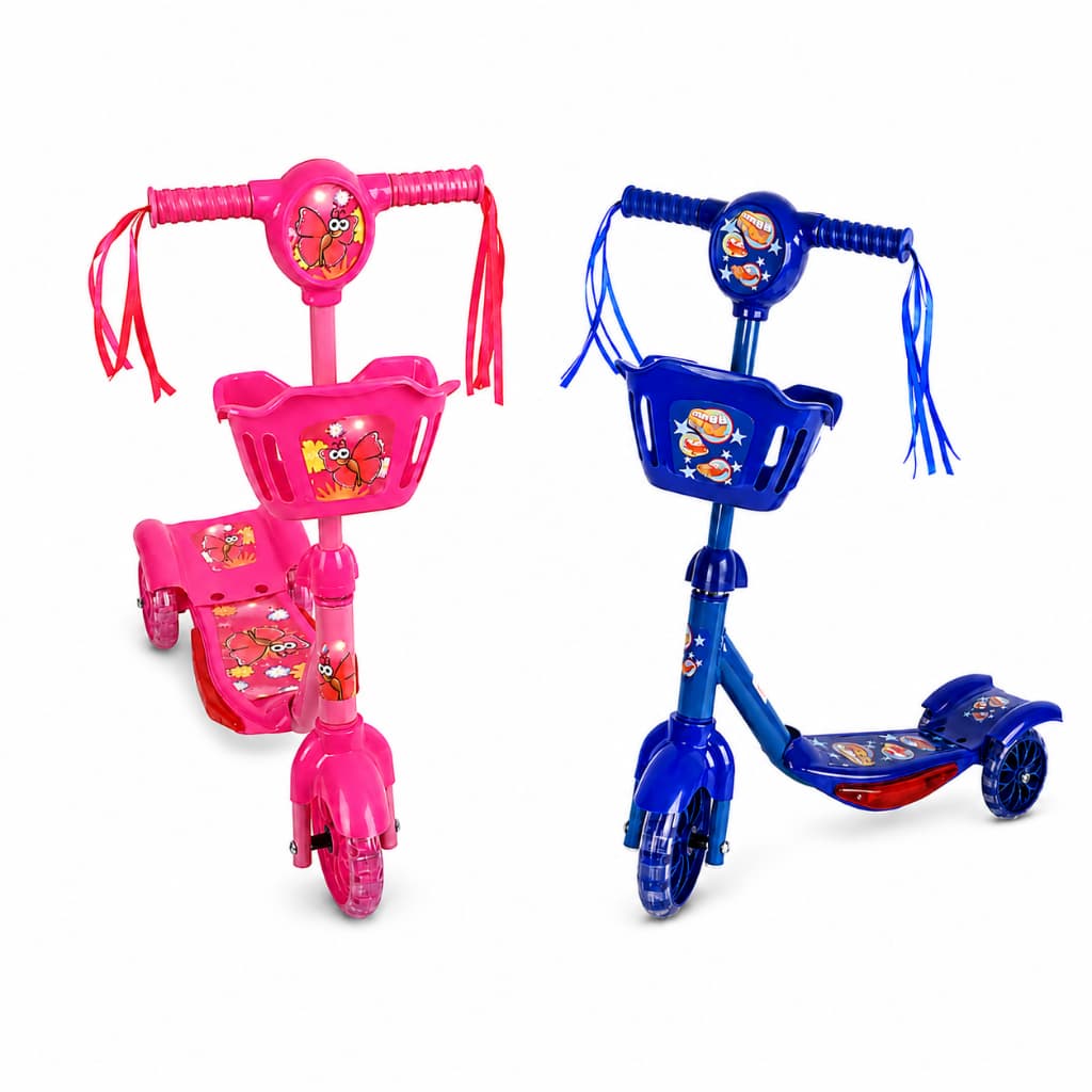 Patinete Infantil 3 Rodas com Luz LED e Som Guidão Ajustável Cesto Frontal Criança Menina Menino Rosa ou Azul