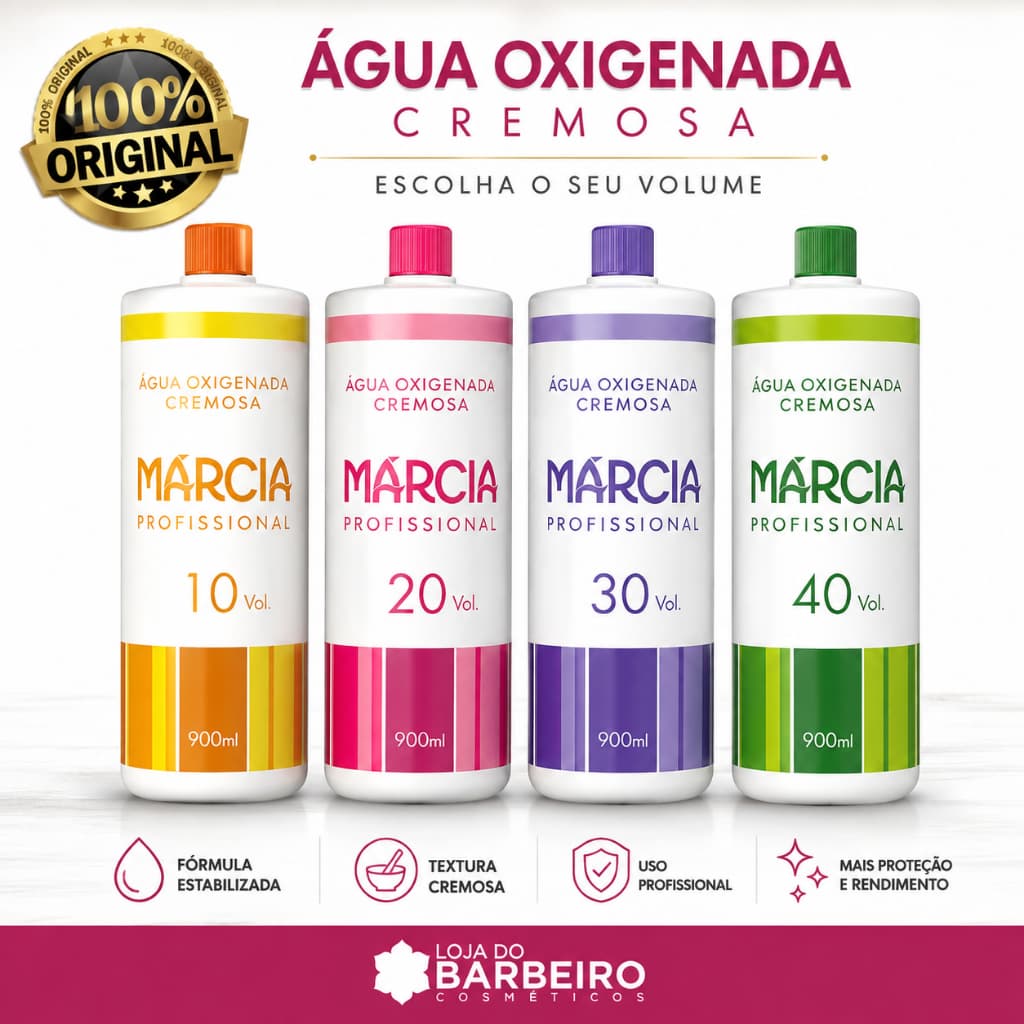 Água Oxigenada Cremosa Márcia Profissional 900ml – Escolha 10, 20, 30 ou 40 Volumes