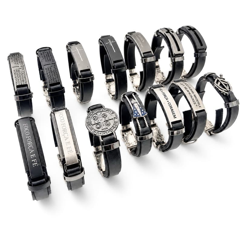 Pulseira Bracelete Masculina Feminina Couro Católica Pai Nosso Crucifixo Foco Força Fé Nossa Senhora