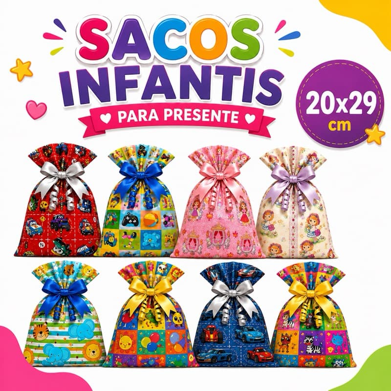 Saco Infantil para Presente 20x29cm Kit 50 Unidades Estampado Lembrancinha Festa Aniversário Carros Princesa