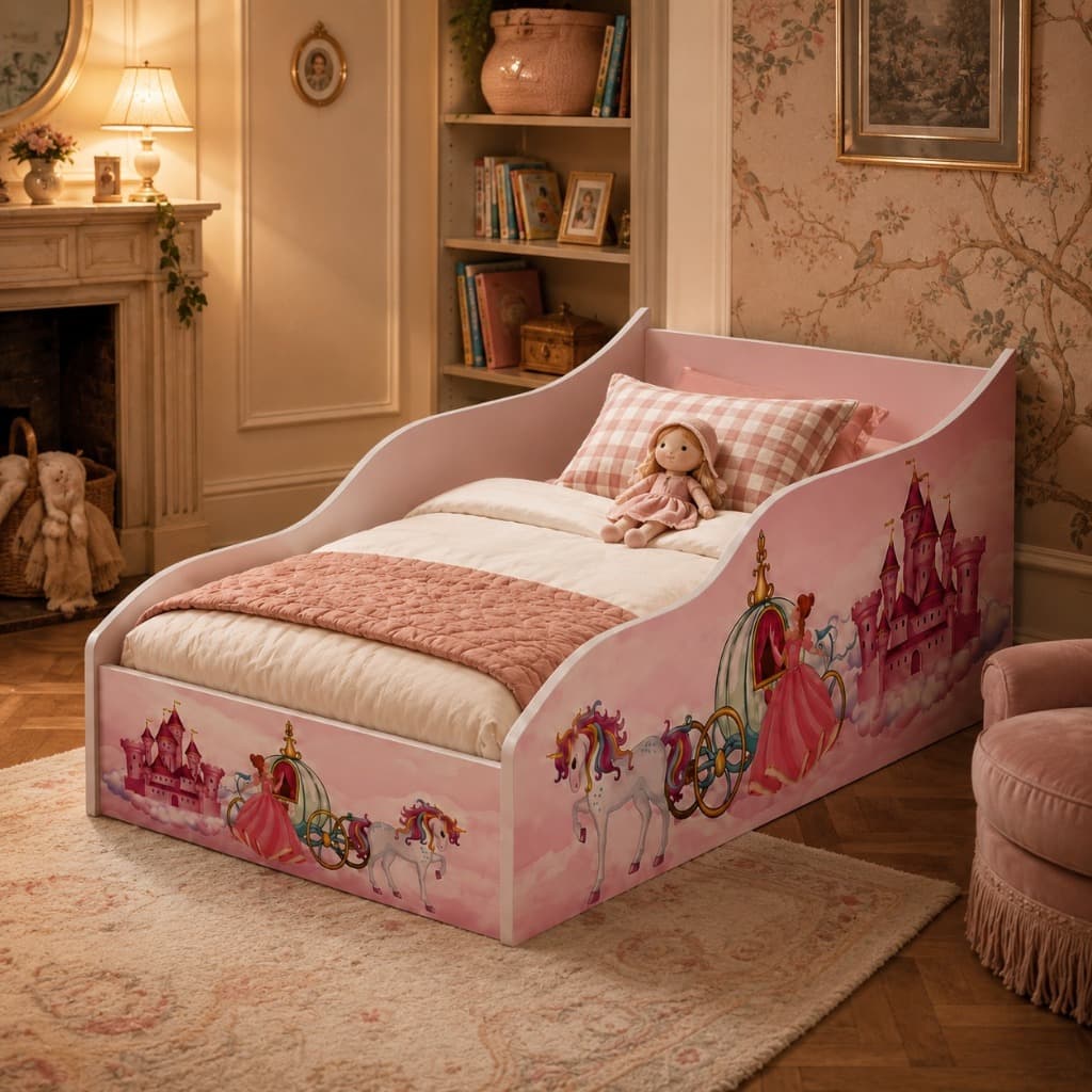 Cama Carruagem Princesas  com Colchão 154x74cm - Montessori Rosa Quarto de Menina