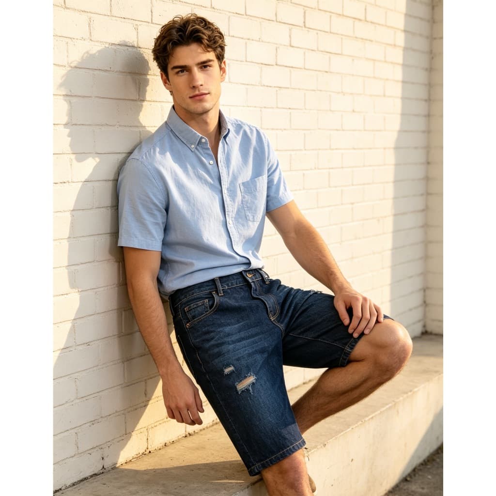 Bermuda Jeans Masculina Reta Clássica, Lavagem Escura, Meia Calça para Verão