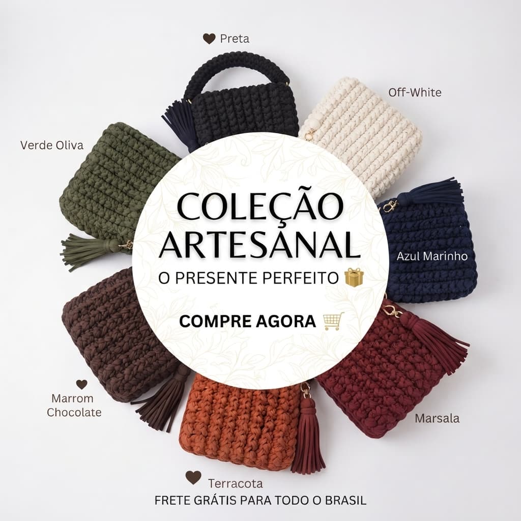 Bolsa de Crochê Feminina Artesanal de Mão com Franja e Alça Trançada Elegante Casual